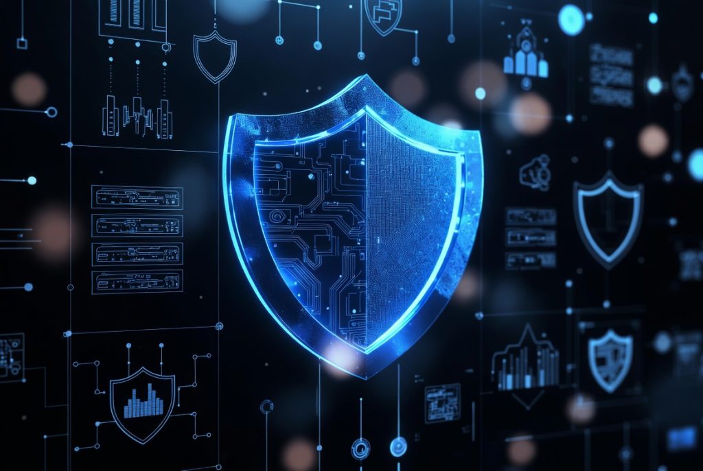 Cybersecurity shield and network visualization for Mythos Technology